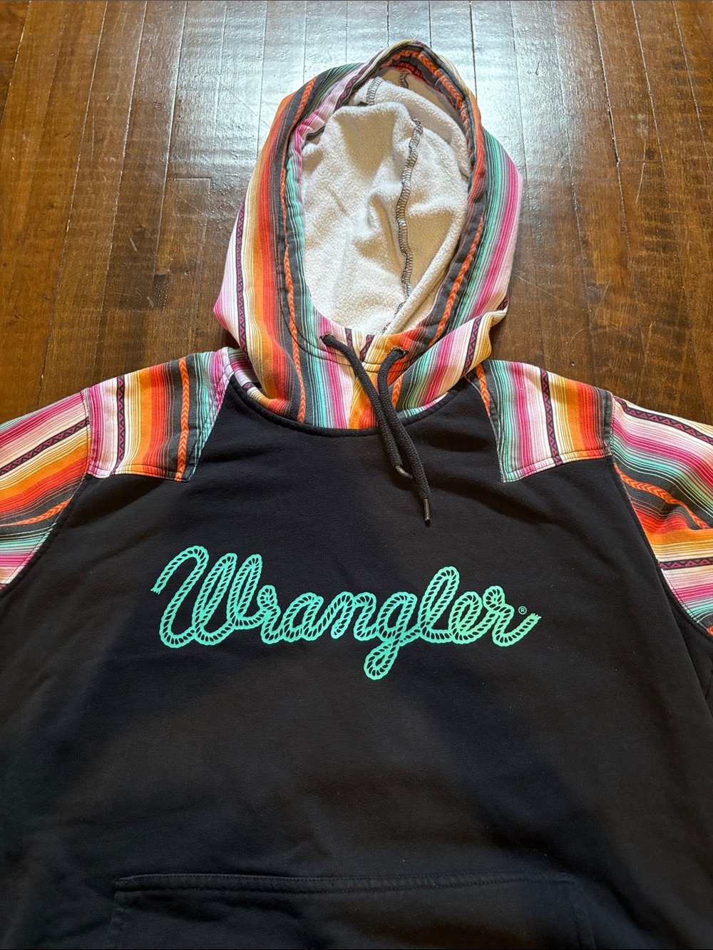 Wrangler Black Hoodie with Turquoise Logo and Multicolor Serape Accents
